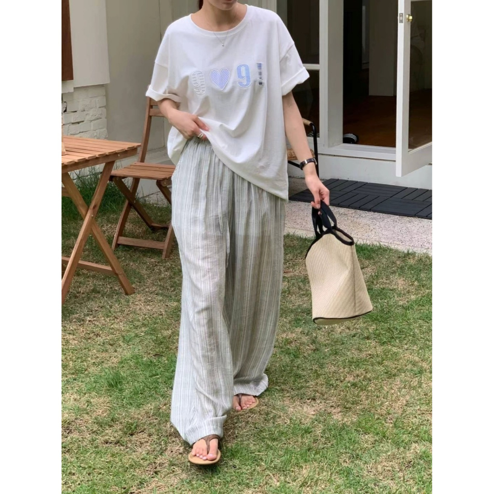 韓國女裝 Areing  淡藍直條紋抽繩褲-細節圖6