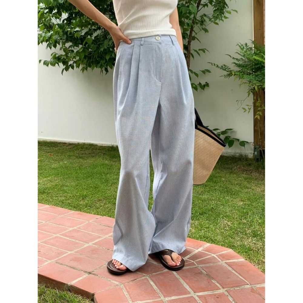 韓國女裝 Areing 直刷線打摺小寬褲-細節圖5