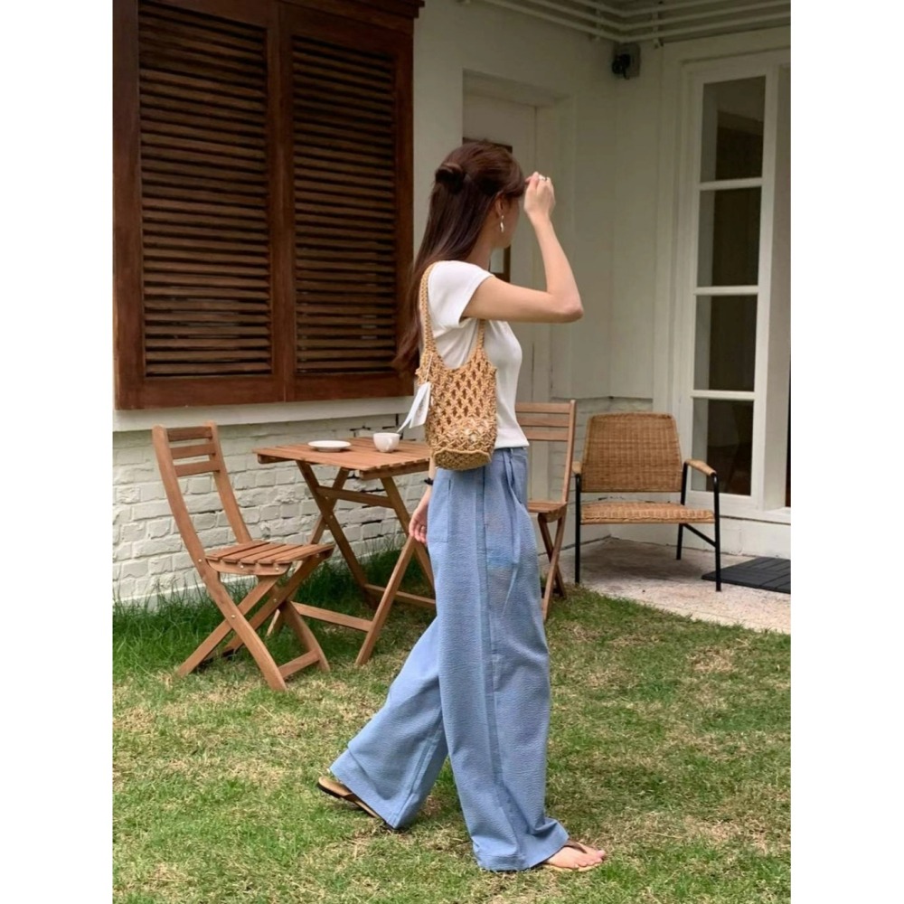 韓國女裝 Areing 直刷線打摺小寬褲-細節圖8