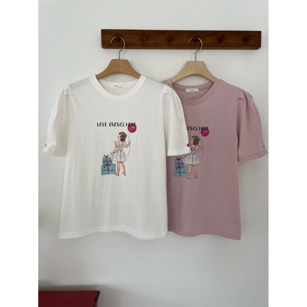 韓國女裝 Jne 抓摺公主袖釦印花T恤-細節圖5