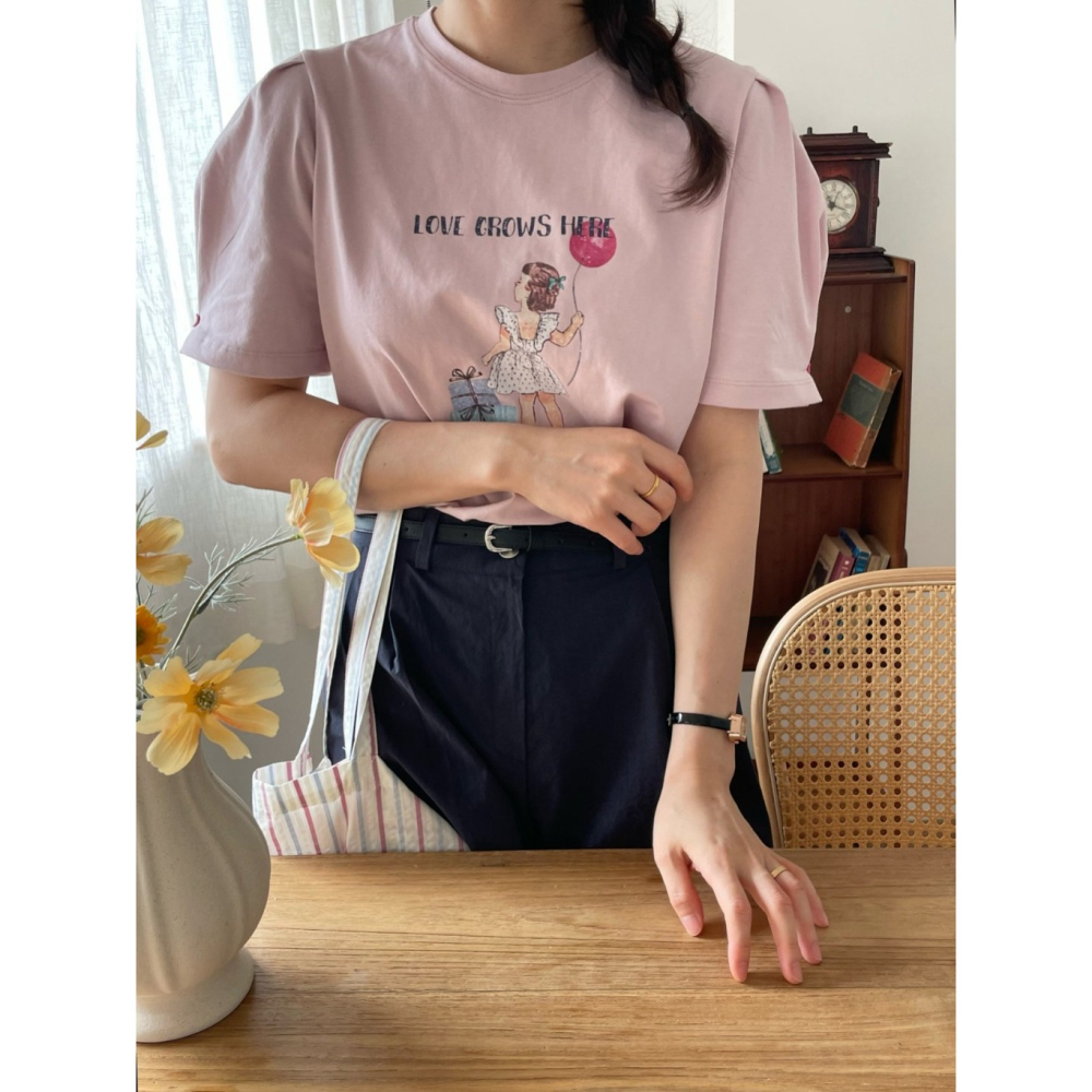 韓國女裝 Jne 抓摺公主袖釦印花T恤-細節圖6