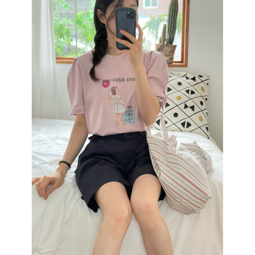 韓國女裝 Jne 抓摺公主袖釦印花T恤-細節圖7