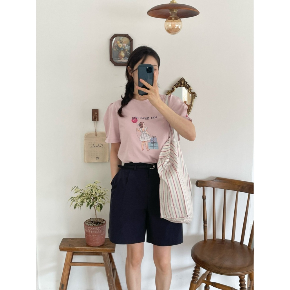 韓國女裝 Jne 抓摺公主袖釦印花T恤-細節圖8