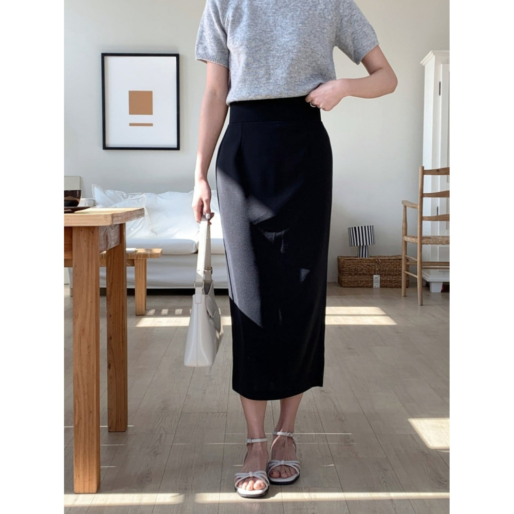韓國女裝 顯瘦-5kg小腹收收後開衩中長裙-細節圖3