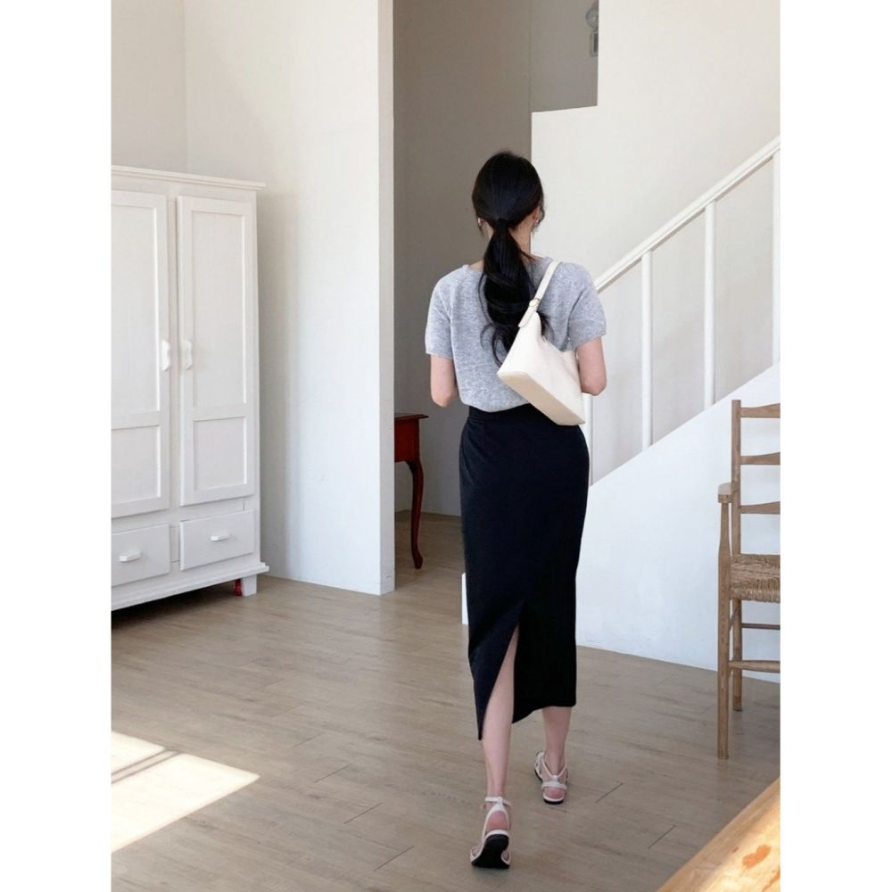 韓國女裝 顯瘦-5kg小腹收收後開衩中長裙-細節圖7
