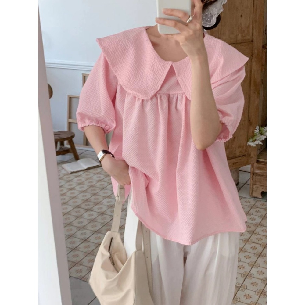 韓國女裝 Byyoul 大翻娃娃領小寬澎袖上衣-細節圖2