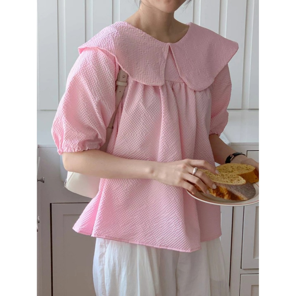 韓國女裝 Byyoul 大翻娃娃領小寬澎袖上衣-細節圖3