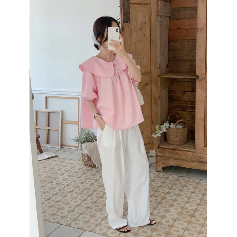 韓國女裝 Byyoul 大翻娃娃領小寬澎袖上衣-細節圖6