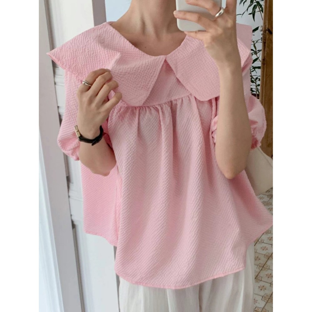 韓國女裝 Byyoul 大翻娃娃領小寬澎袖上衣-細節圖7