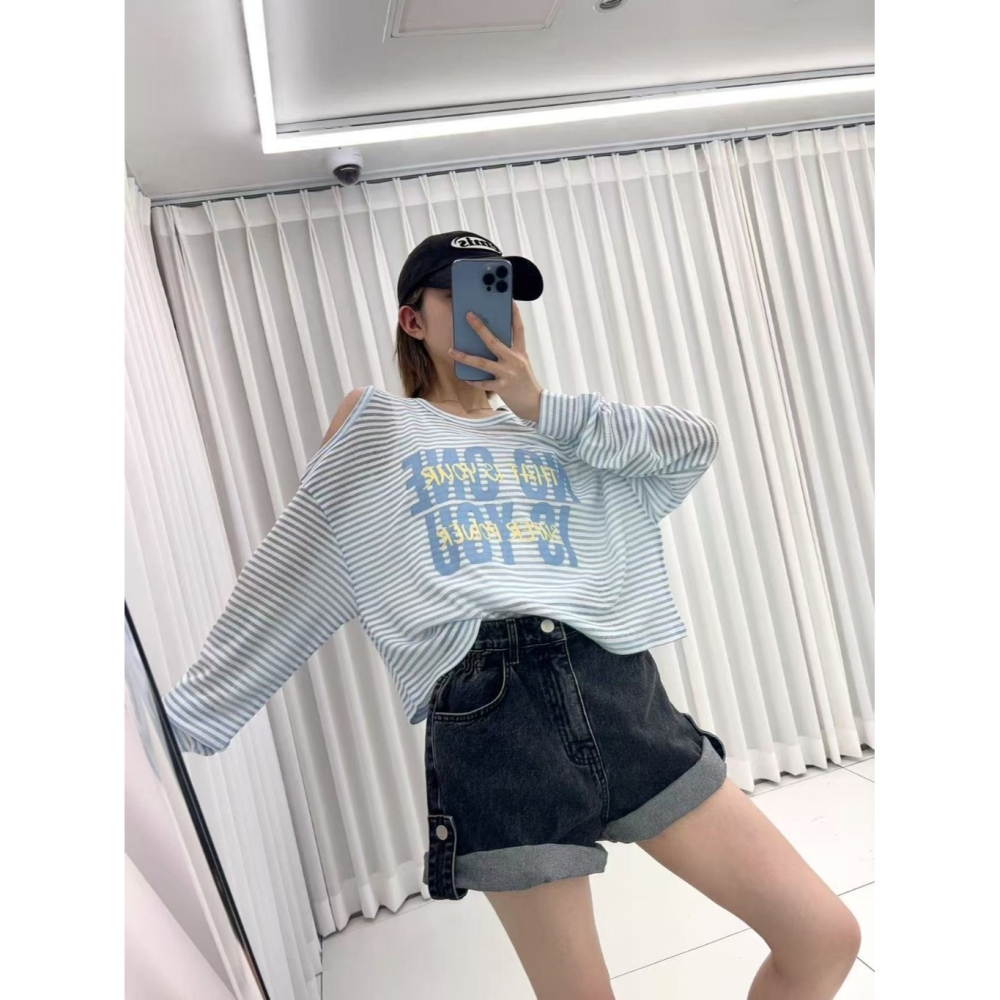 韓國女裝 Onethree 橫條挖肩T恤-細節圖2