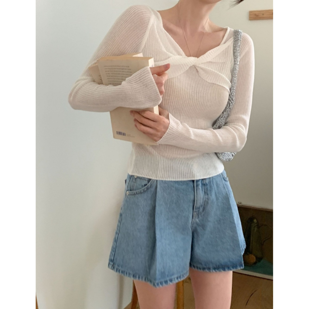 韓國女裝 Ouir 冰扭蝴蝶結長袖針織T恤-細節圖3