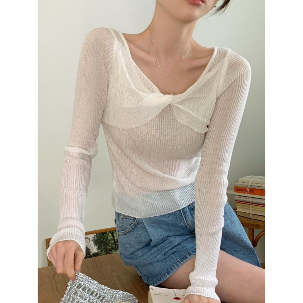 韓國女裝 Ouir 冰扭蝴蝶結長袖針織T恤-細節圖5