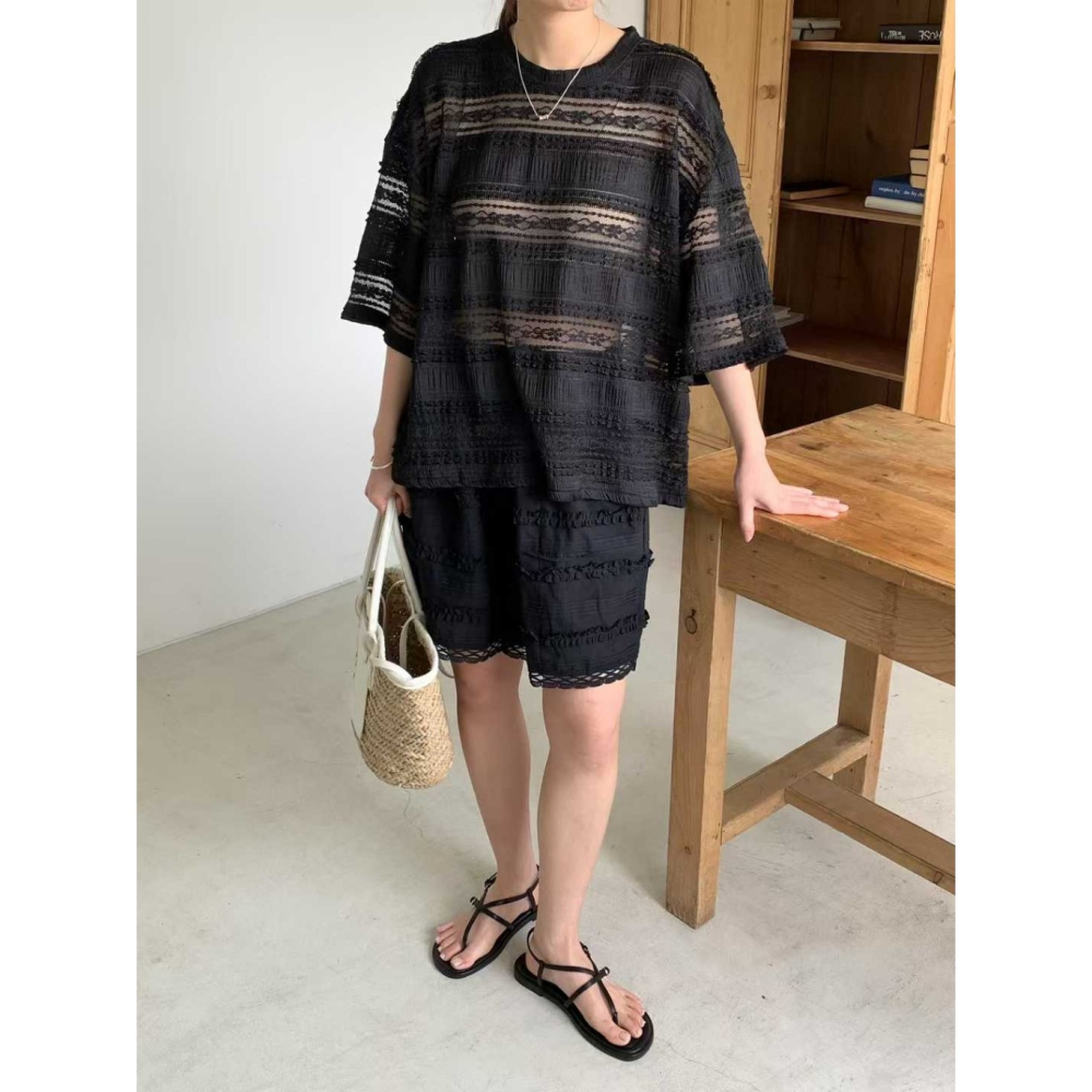 韓國女裝 Venti 層次感透膚鏤空上衣-細節圖4