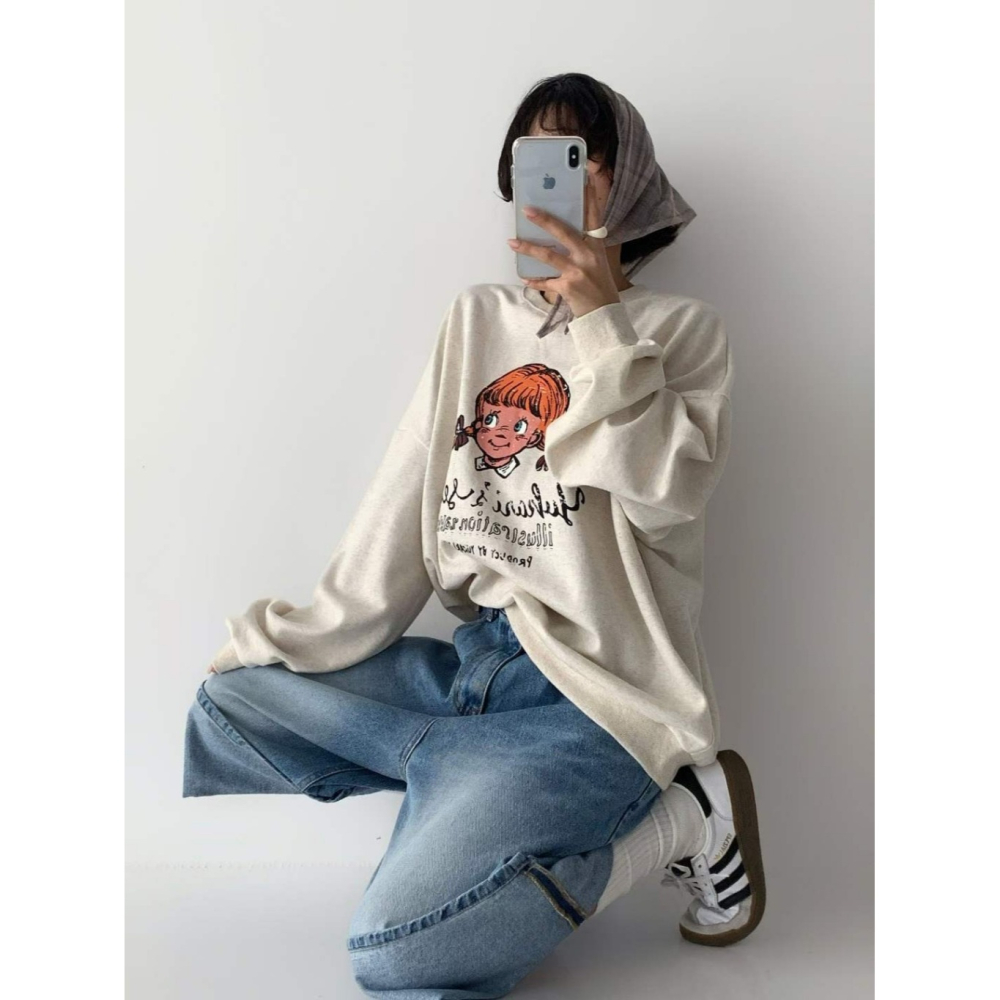 韓國女裝 Lego 麻辮女孩手繪圖風T恤-細節圖5