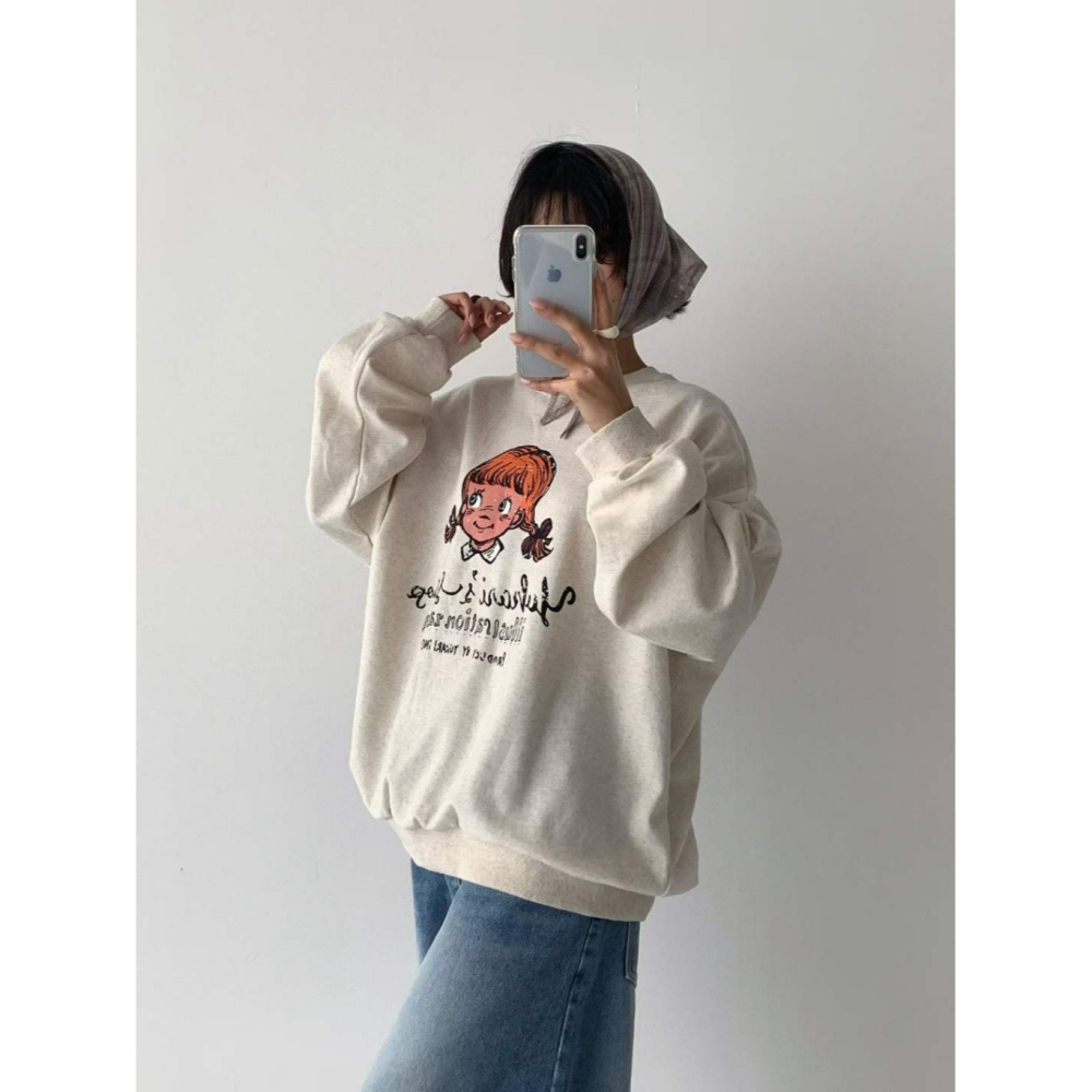 韓國女裝 Lego 麻辮女孩手繪圖風T恤-細節圖9