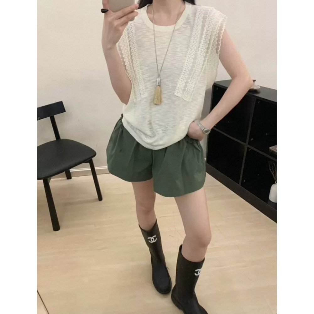 韓國女裝 Girlpowder 針織落肩蕾絲T上衣-細節圖2