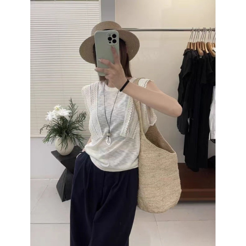 韓國女裝 Girlpowder 針織落肩蕾絲T上衣-細節圖5