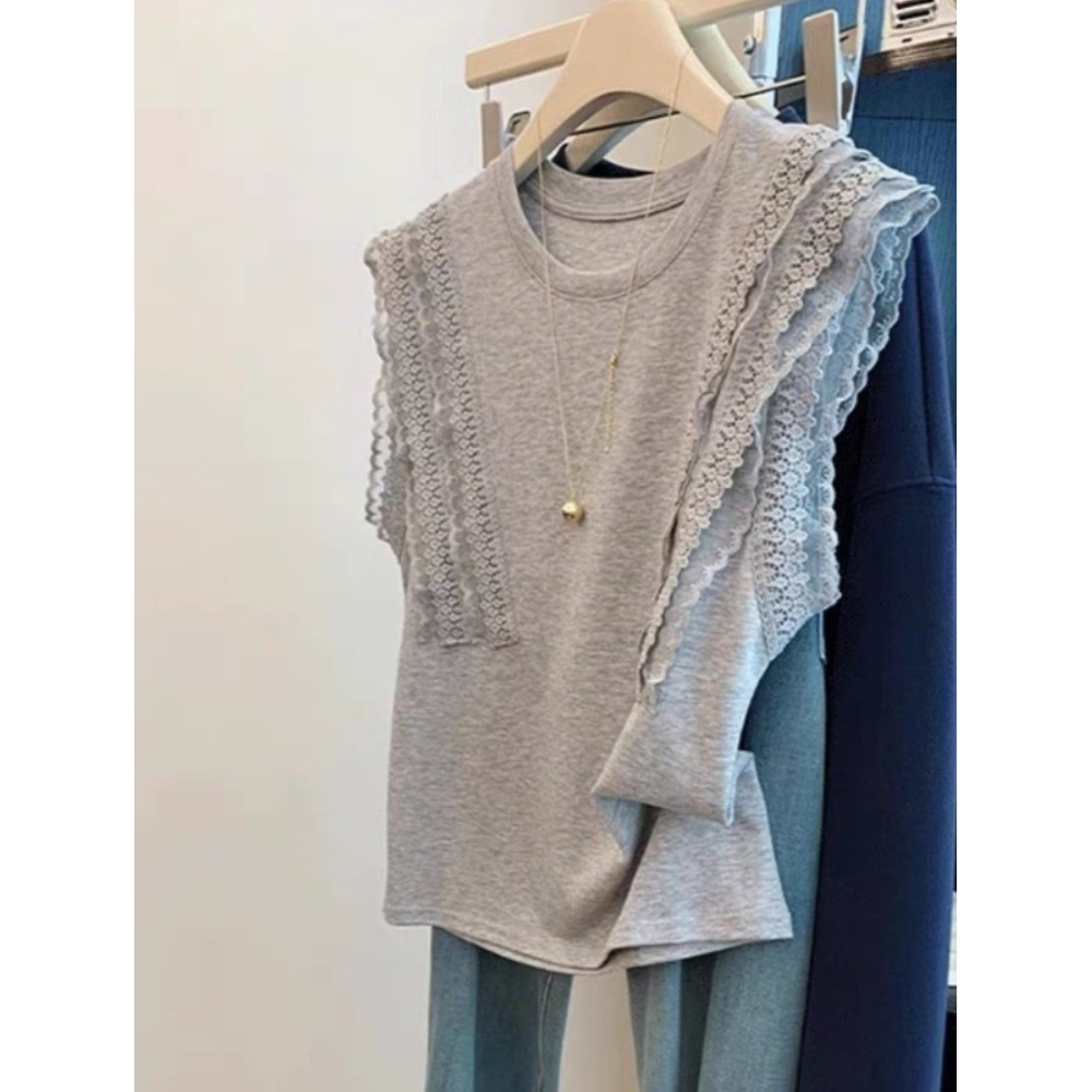 韓國女裝 Girlpowder 針織落肩蕾絲T上衣-細節圖7