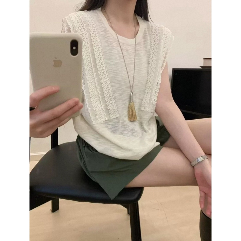 韓國女裝 Girlpowder 針織落肩蕾絲T上衣-細節圖10