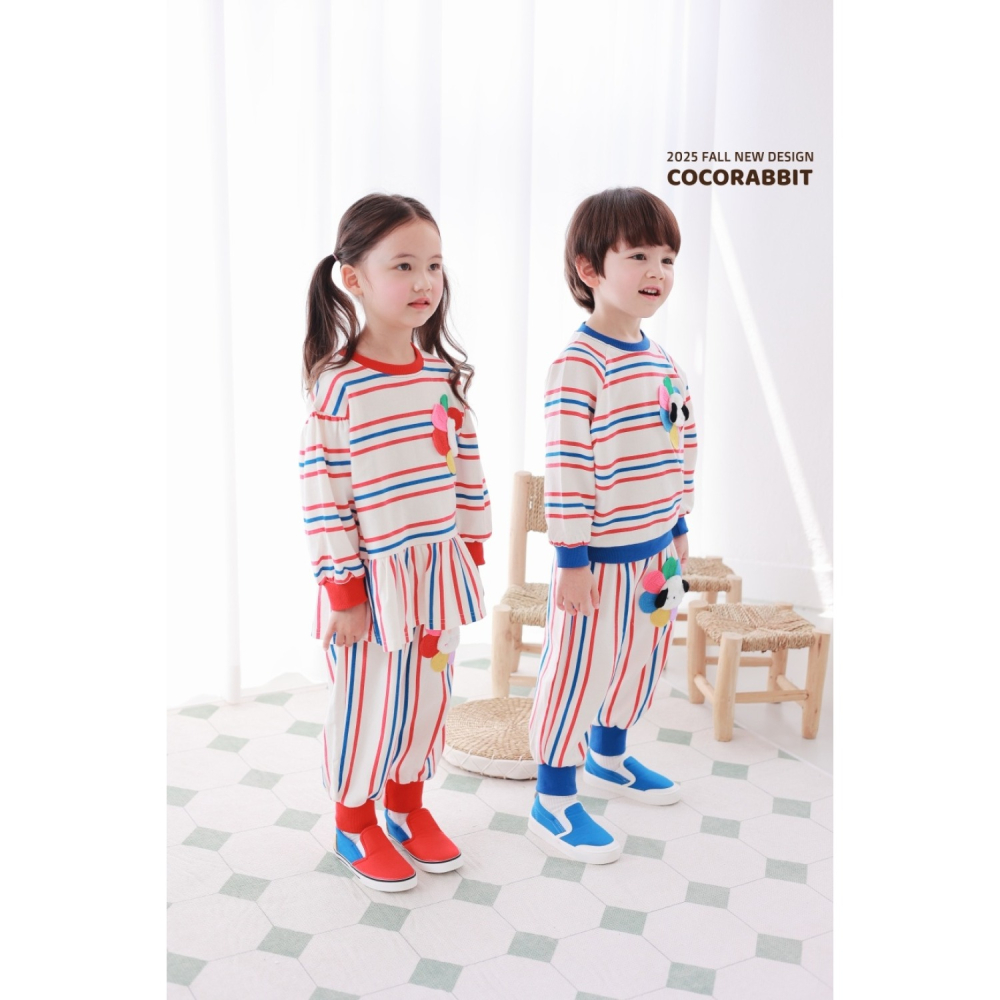 正韓童裝 COCO RABBIT 雙色彩條花狗花兔上衣褲子套裝-細節圖2