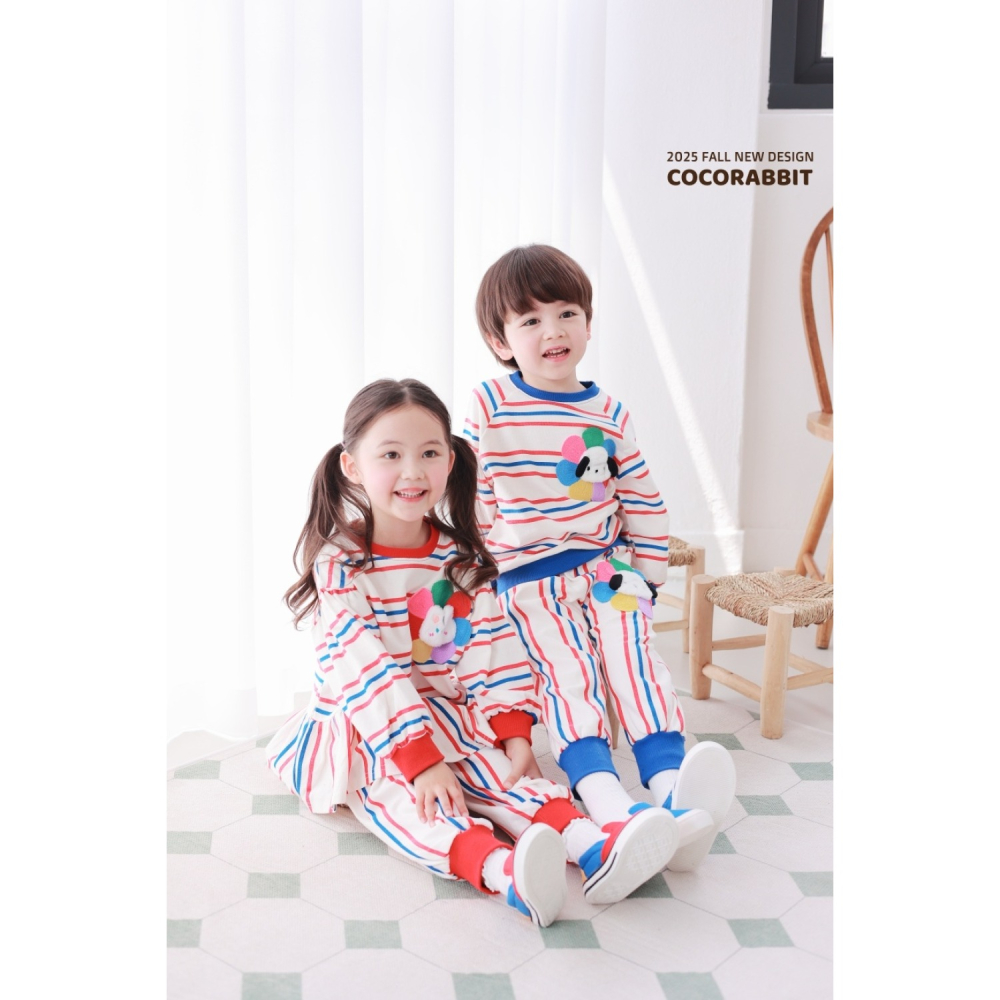 正韓童裝 COCO RABBIT 雙色彩條花狗花兔上衣褲子套裝-細節圖3
