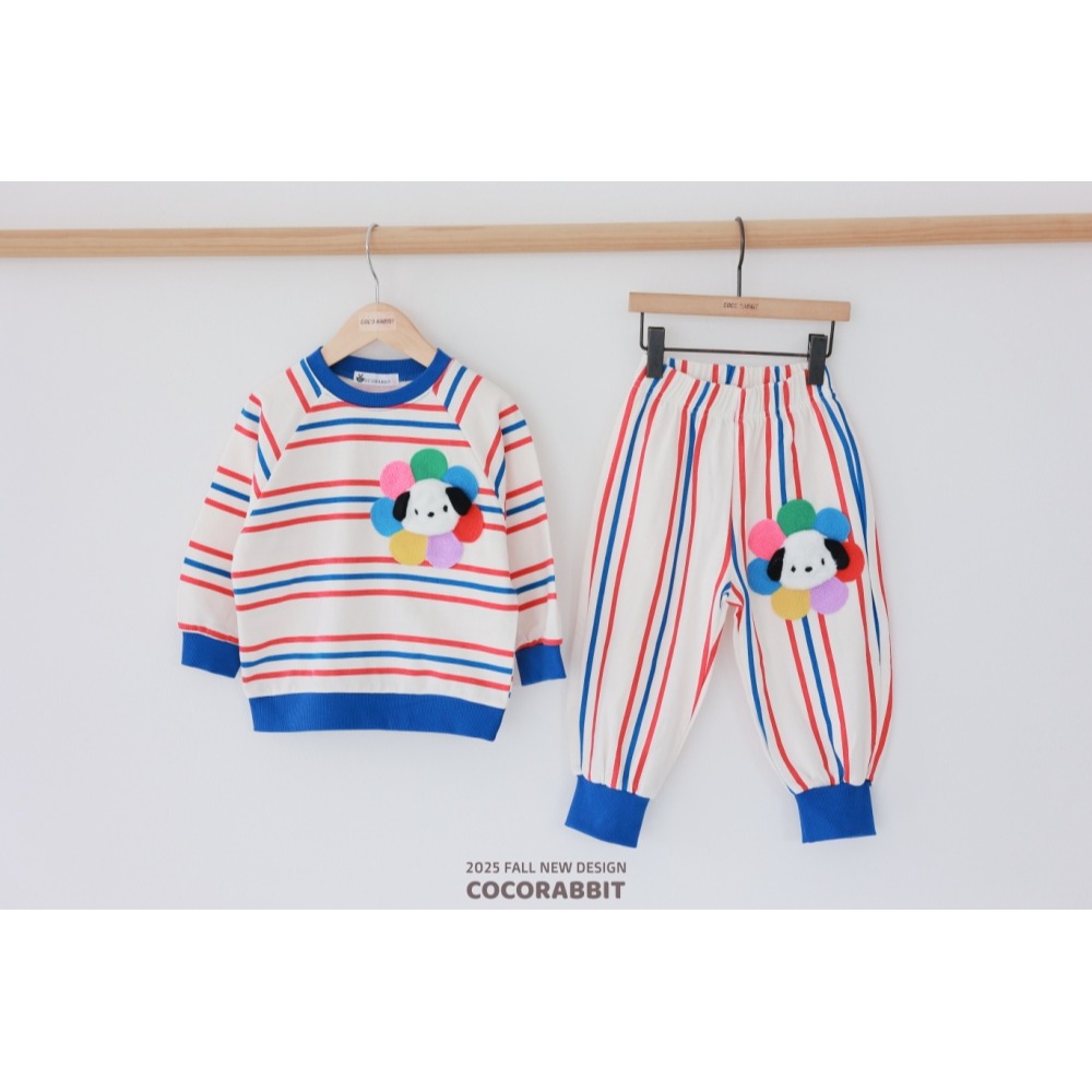 正韓童裝 COCO RABBIT 雙色彩條花狗花兔上衣褲子套裝-細節圖4