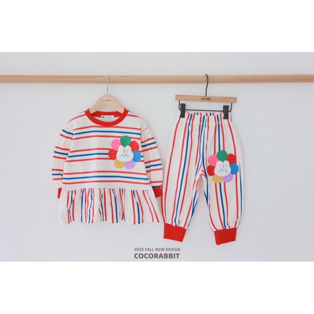 正韓童裝 COCO RABBIT 雙色彩條花狗花兔上衣褲子套裝-細節圖5