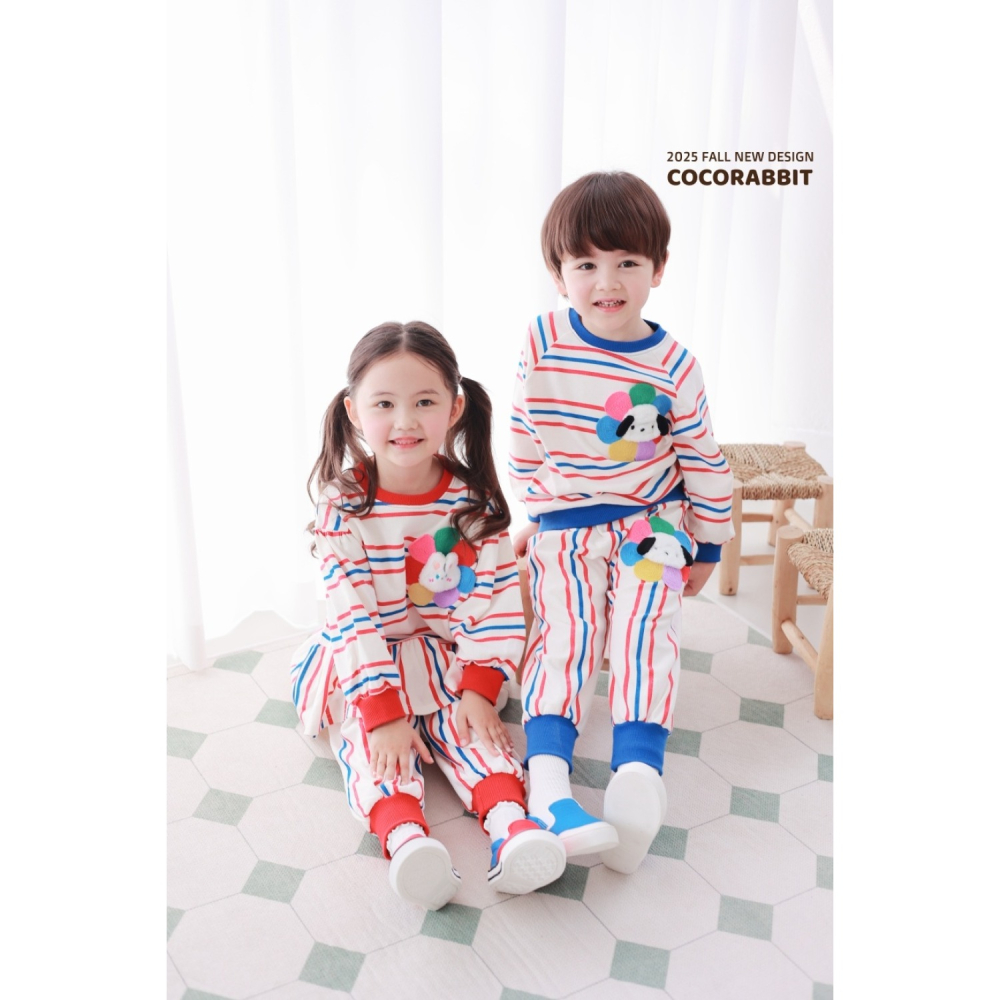 正韓童裝 COCO RABBIT 雙色彩條花狗花兔上衣褲子套裝-細節圖6