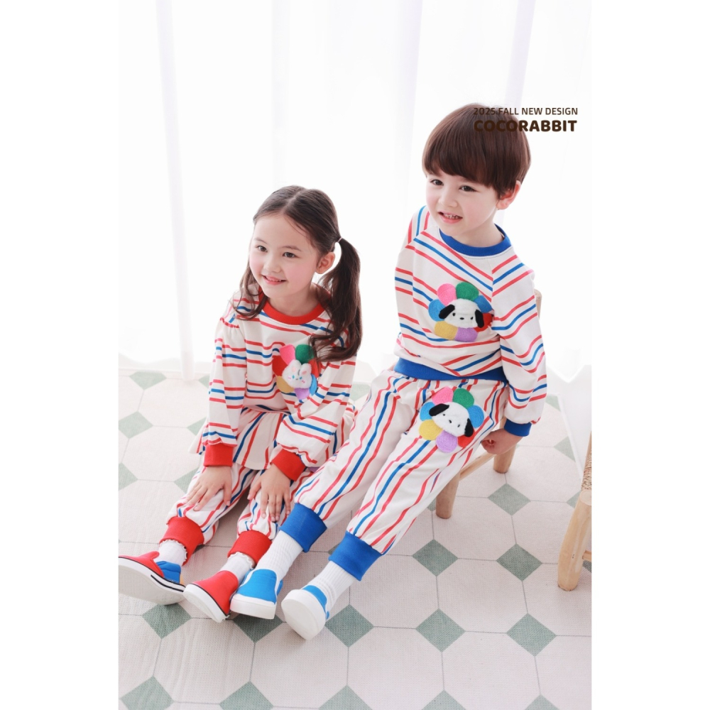 正韓童裝 COCO RABBIT 雙色彩條花狗花兔上衣褲子套裝-細節圖7