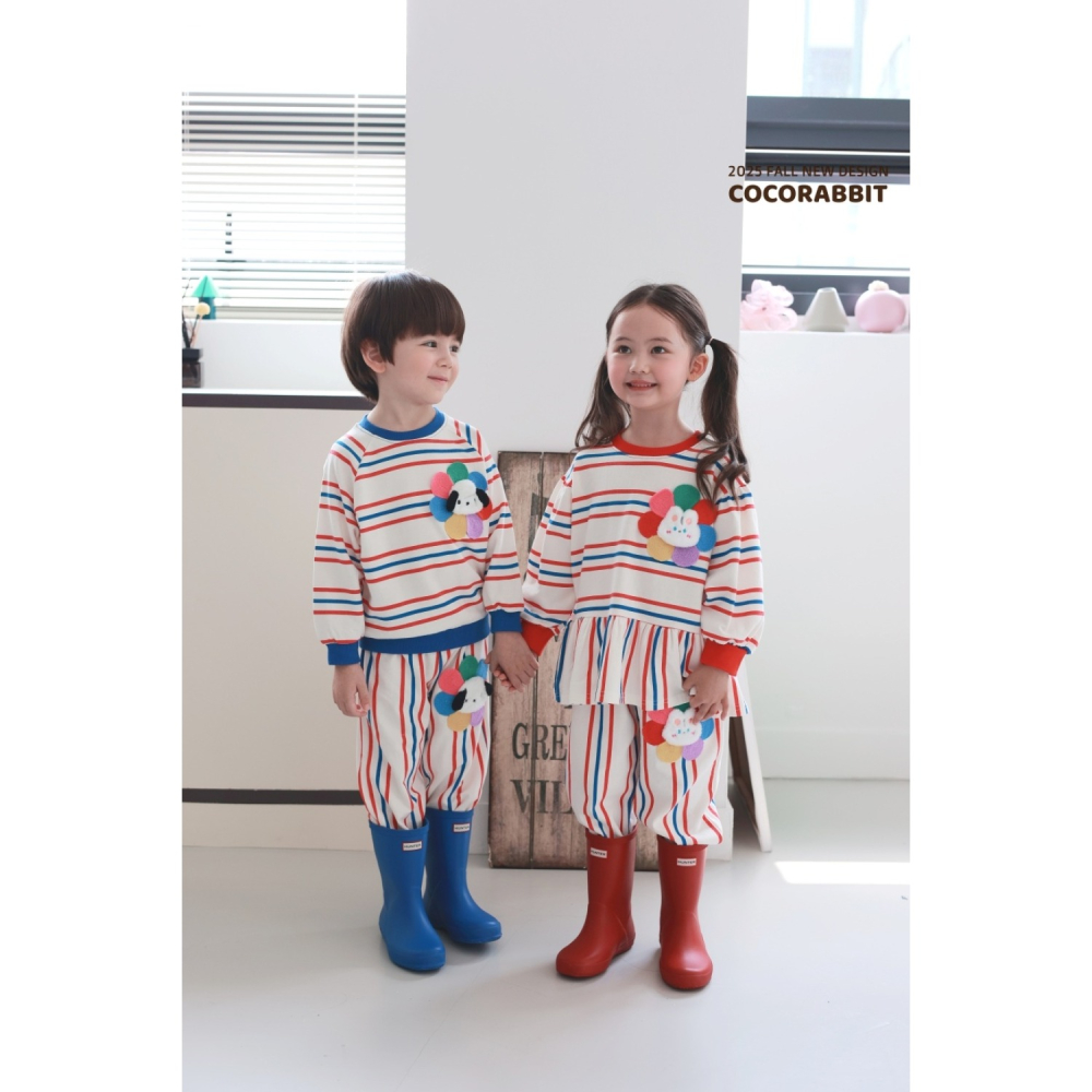 正韓童裝 COCO RABBIT 雙色彩條花狗花兔上衣褲子套裝-細節圖8