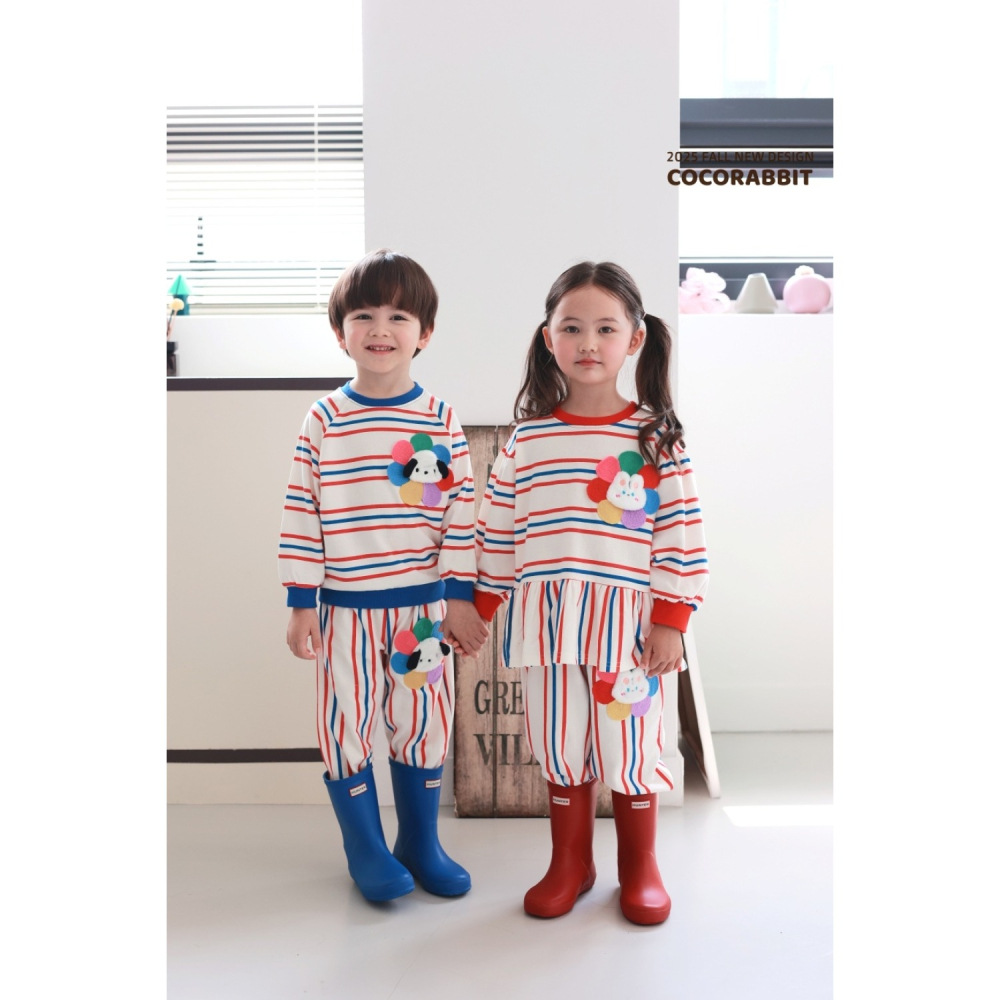 正韓童裝 COCO RABBIT 雙色彩條花狗花兔上衣褲子套裝-細節圖10
