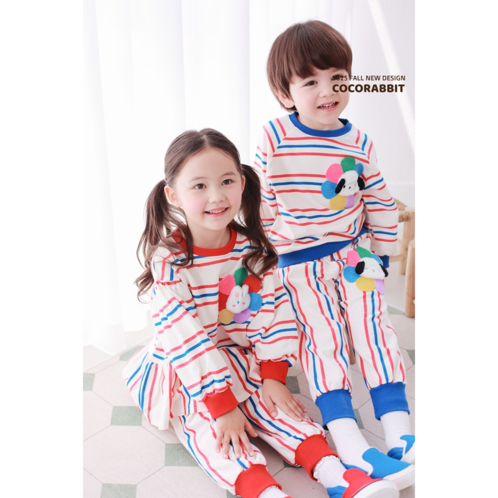 正韓童裝 COCO RABBIT 雙色彩條花狗花兔上衣褲子套裝-細節圖11