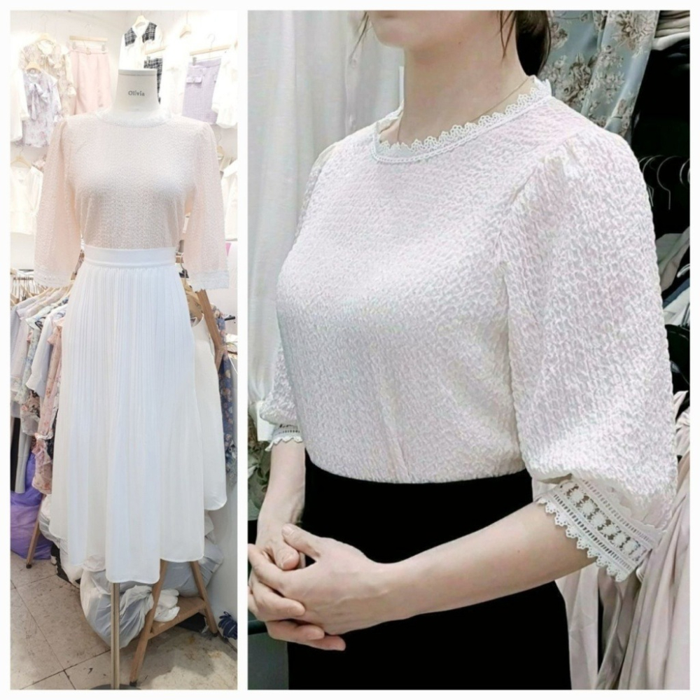 韓國女裝 Olivia 甜美蕾丝邊凹凸纹理七初袖上衣-細節圖9