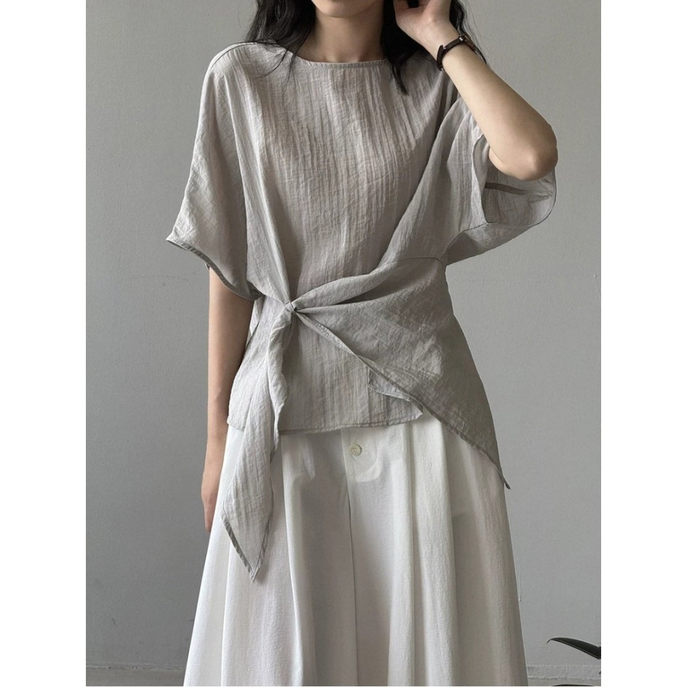 韓國女裝 Girlpowder 側斜鈕結帶無領抓皺襯衫-細節圖2