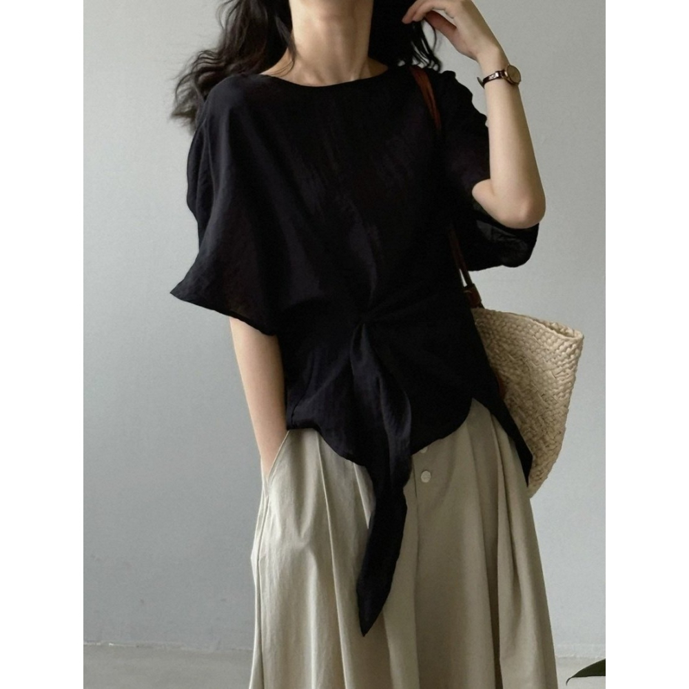 韓國女裝 Girlpowder 側斜鈕結帶無領抓皺襯衫-細節圖3