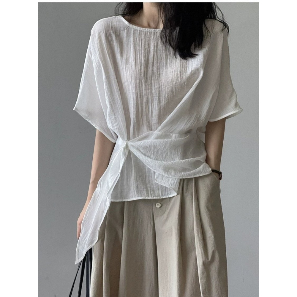 韓國女裝 Girlpowder 側斜鈕結帶無領抓皺襯衫-細節圖4
