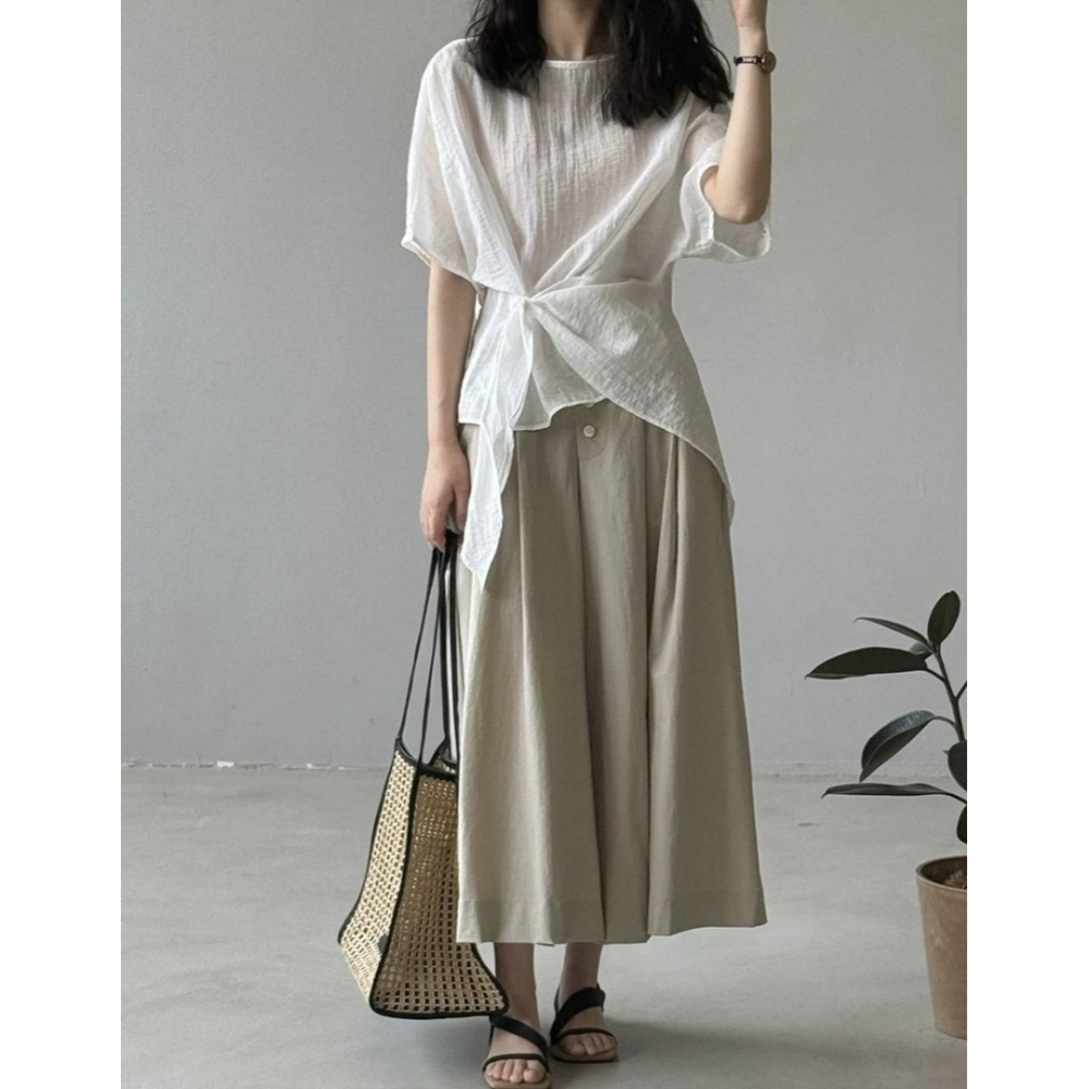 韓國女裝 Girlpowder 側斜鈕結帶無領抓皺襯衫-細節圖8