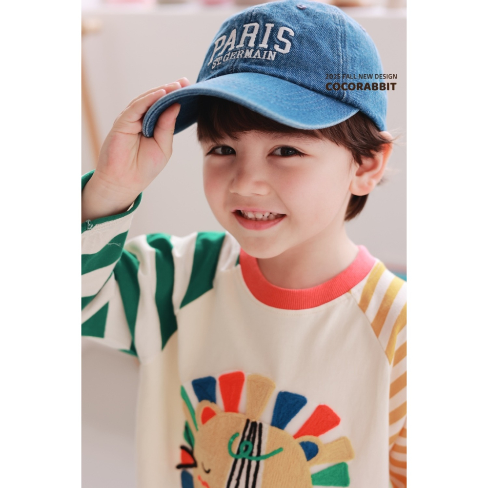 正韓童裝 COCO RABBIT 不對稱橫條可愛獅子拼接T-細節圖2