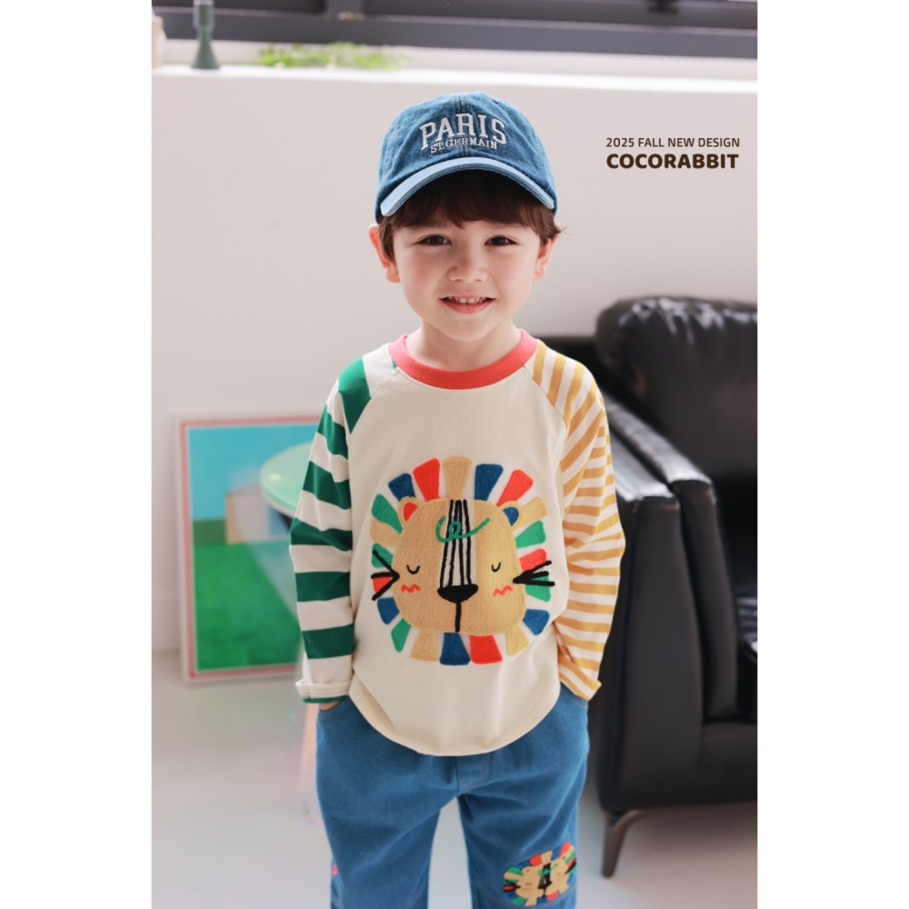 正韓童裝 COCO RABBIT 不對稱橫條可愛獅子拼接T-細節圖3