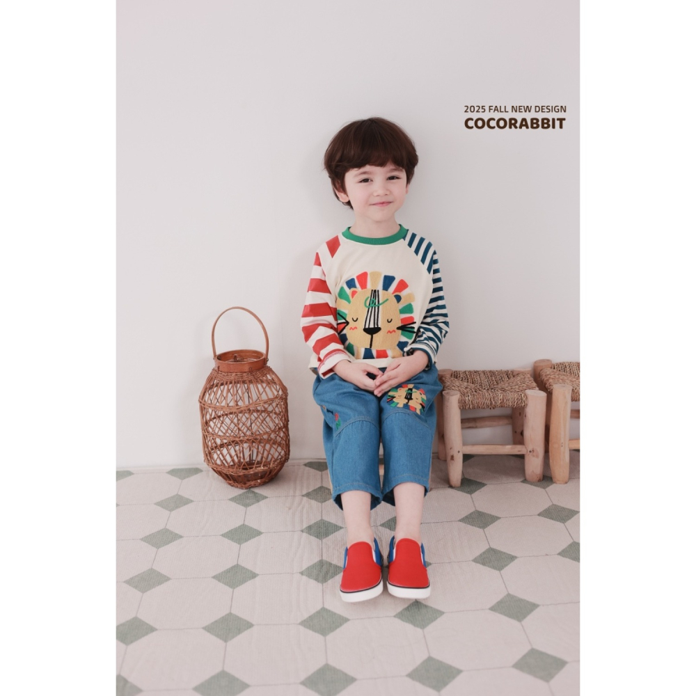 正韓童裝 COCO RABBIT 不對稱橫條可愛獅子拼接T-細節圖4