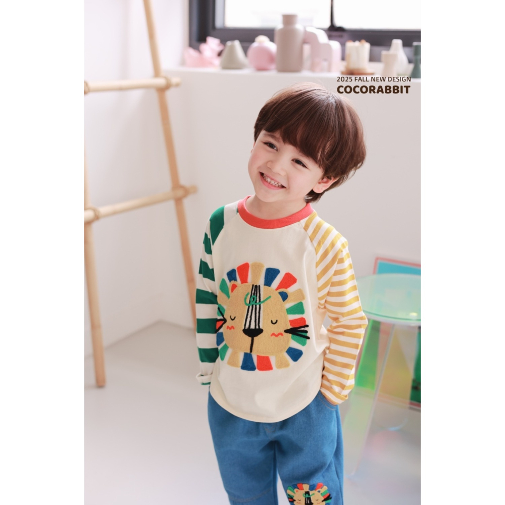 正韓童裝 COCO RABBIT 不對稱橫條可愛獅子拼接T-細節圖6