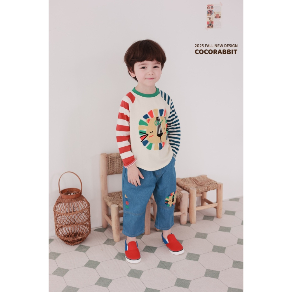 正韓童裝 COCO RABBIT 不對稱橫條可愛獅子拼接T-細節圖7