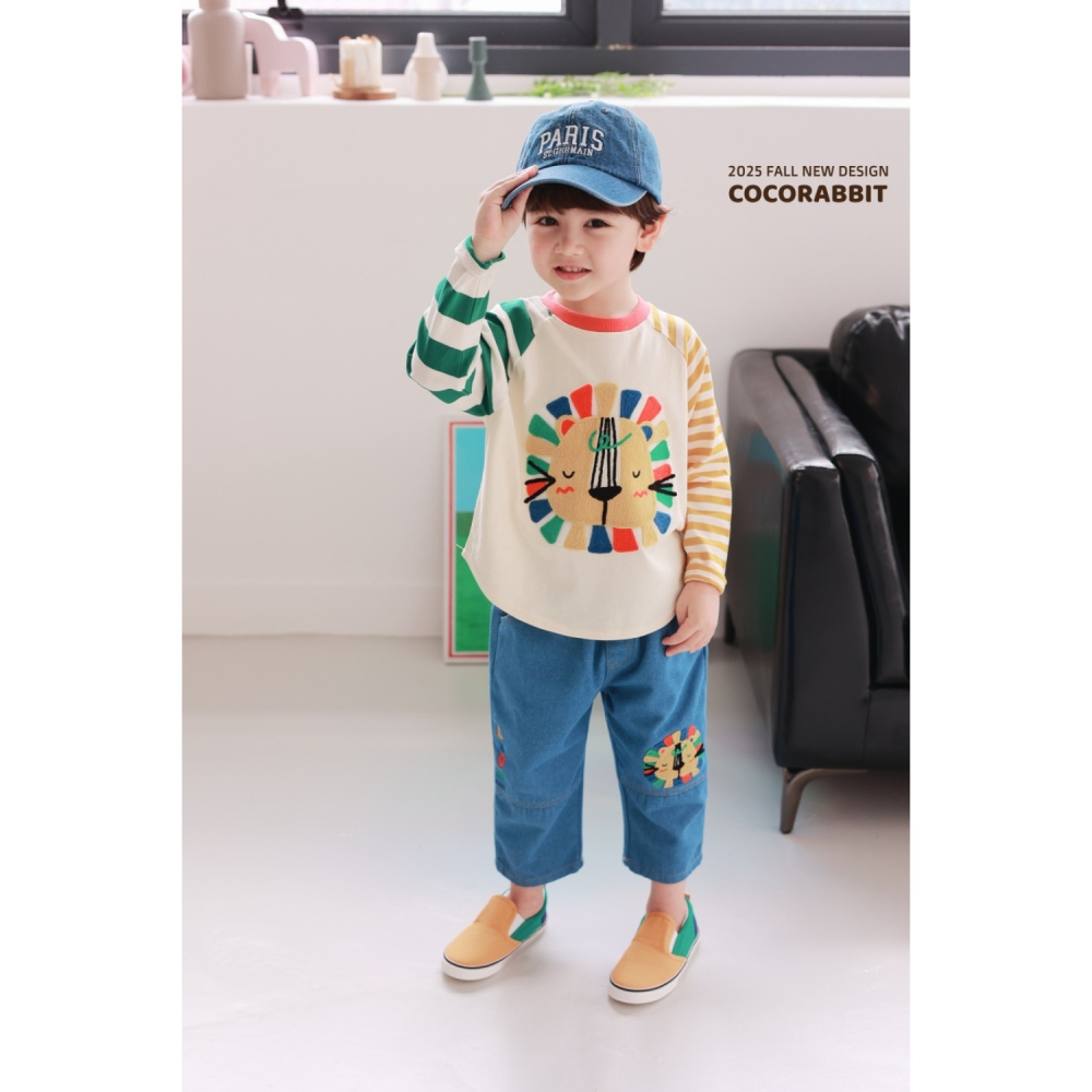 正韓童裝 COCO RABBIT 不對稱橫條可愛獅子拼接T-細節圖8