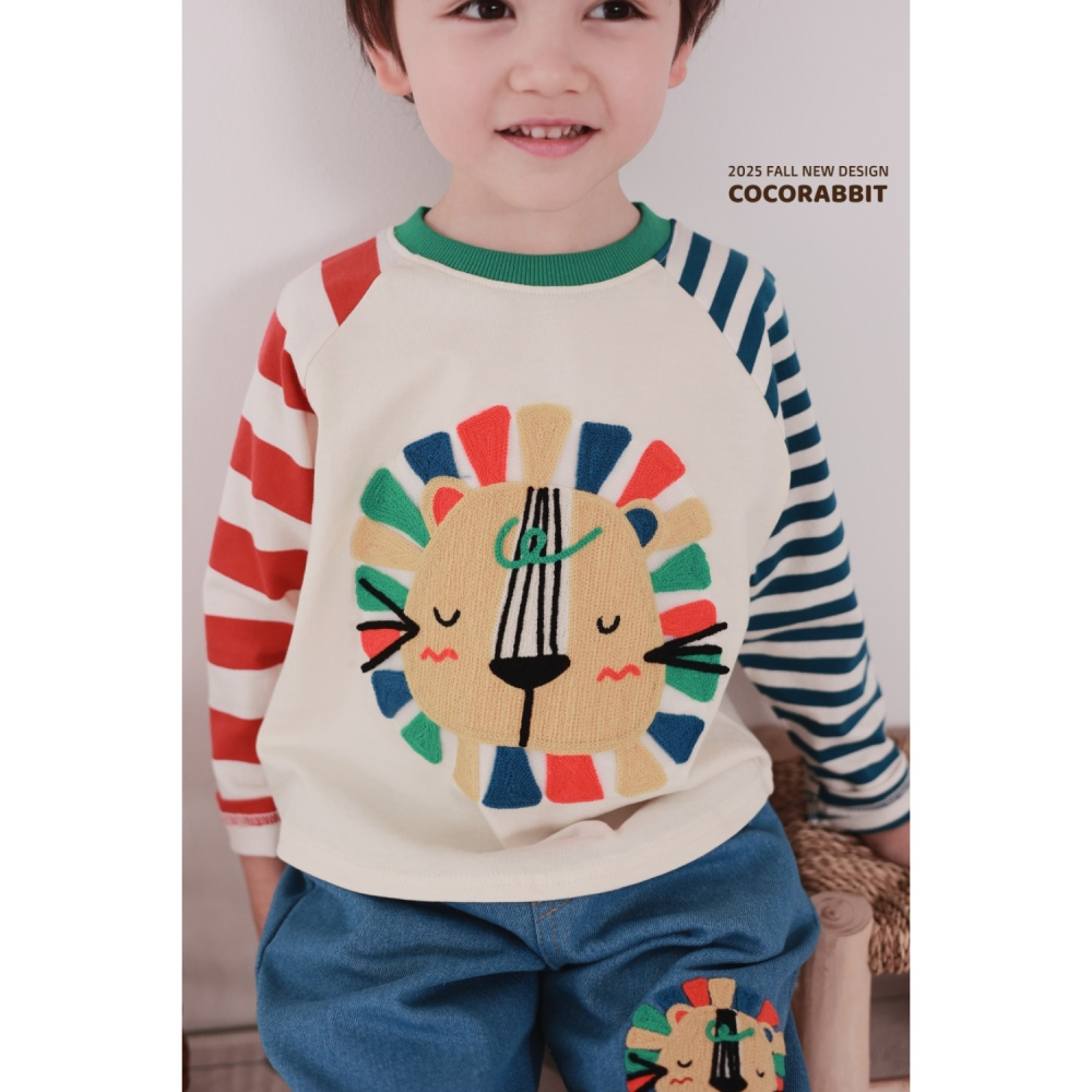 正韓童裝 COCO RABBIT 不對稱橫條可愛獅子拼接T-細節圖9