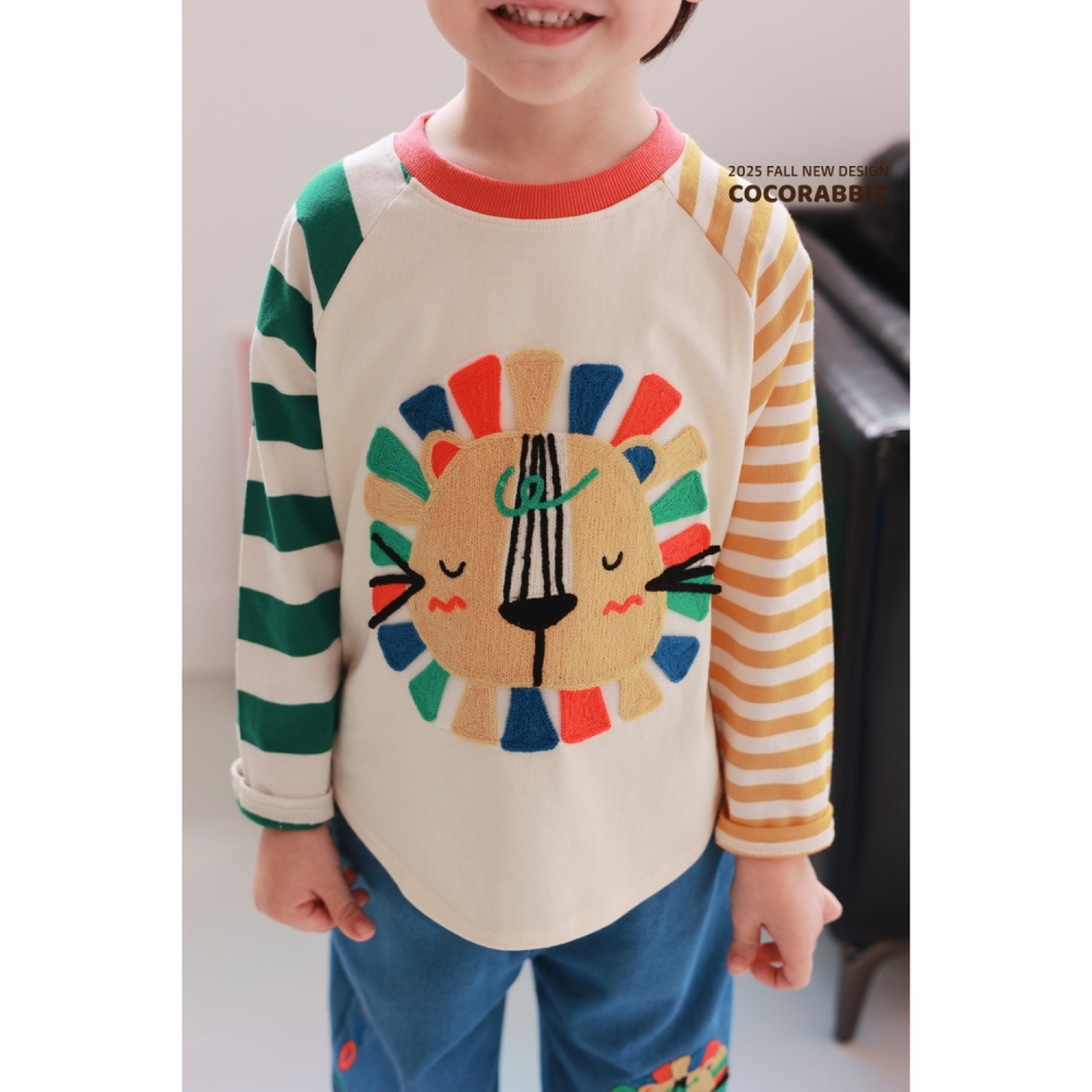 正韓童裝 COCO RABBIT 不對稱橫條可愛獅子拼接T-細節圖11