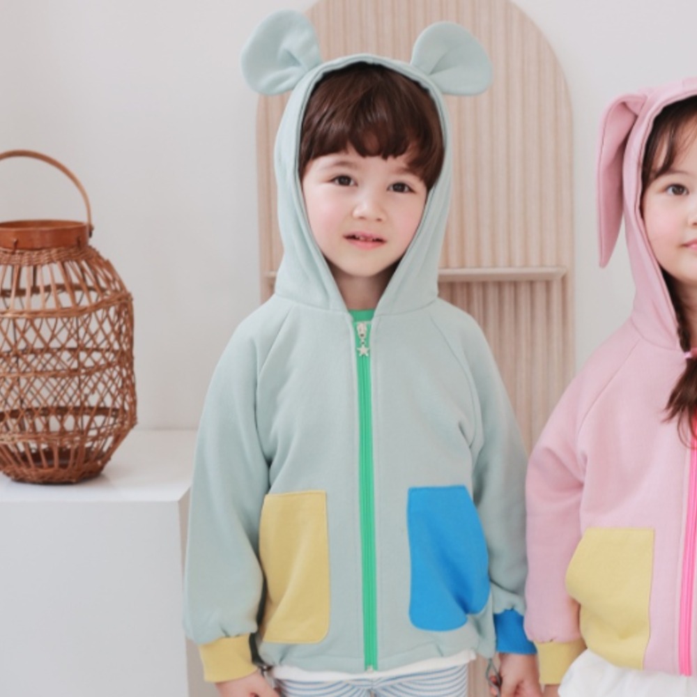 正韓童裝 COCO RABBIT兔兔與熊耳朵撞色口袋連帽薄外套-細節圖11