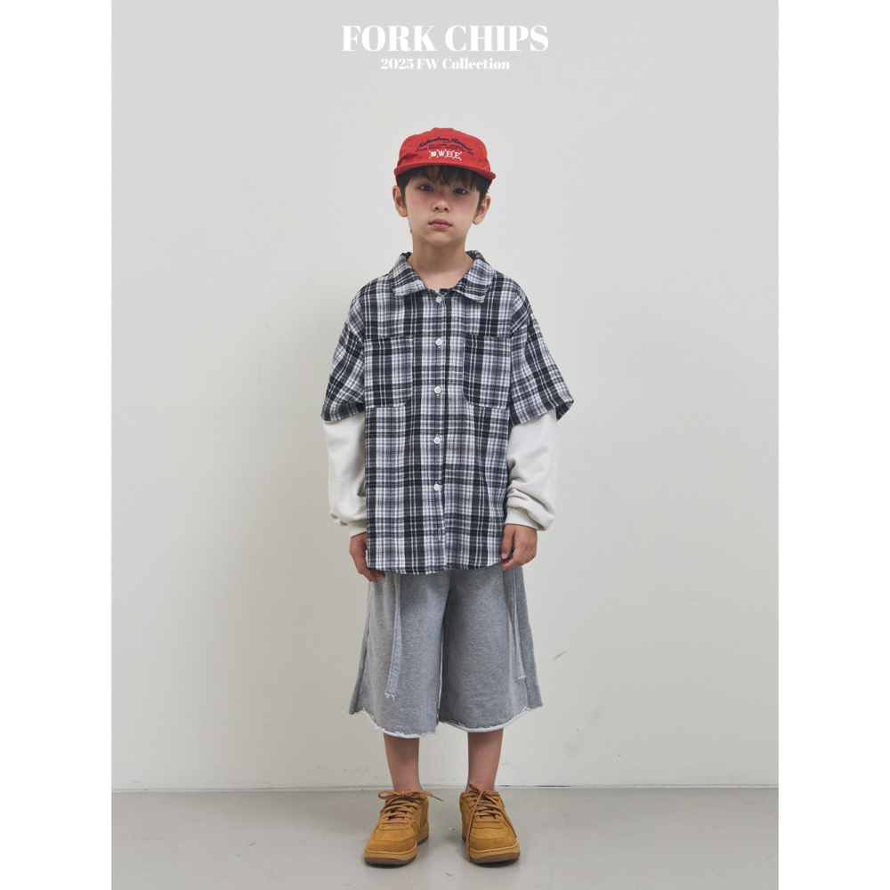 正韓童裝 Forkchips 假二件雙線格子復古襯衫-細節圖2