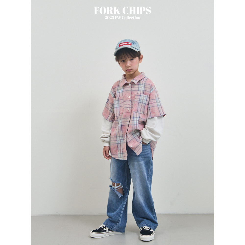 正韓童裝 Forkchips 假二件雙線格子復古襯衫-細節圖3