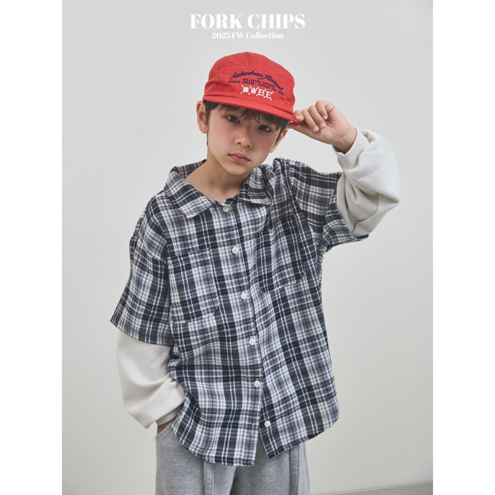 正韓童裝 Forkchips 假二件雙線格子復古襯衫-細節圖4