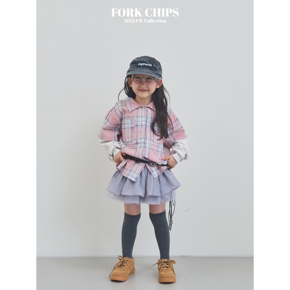 正韓童裝 Forkchips 假二件雙線格子復古襯衫-細節圖5